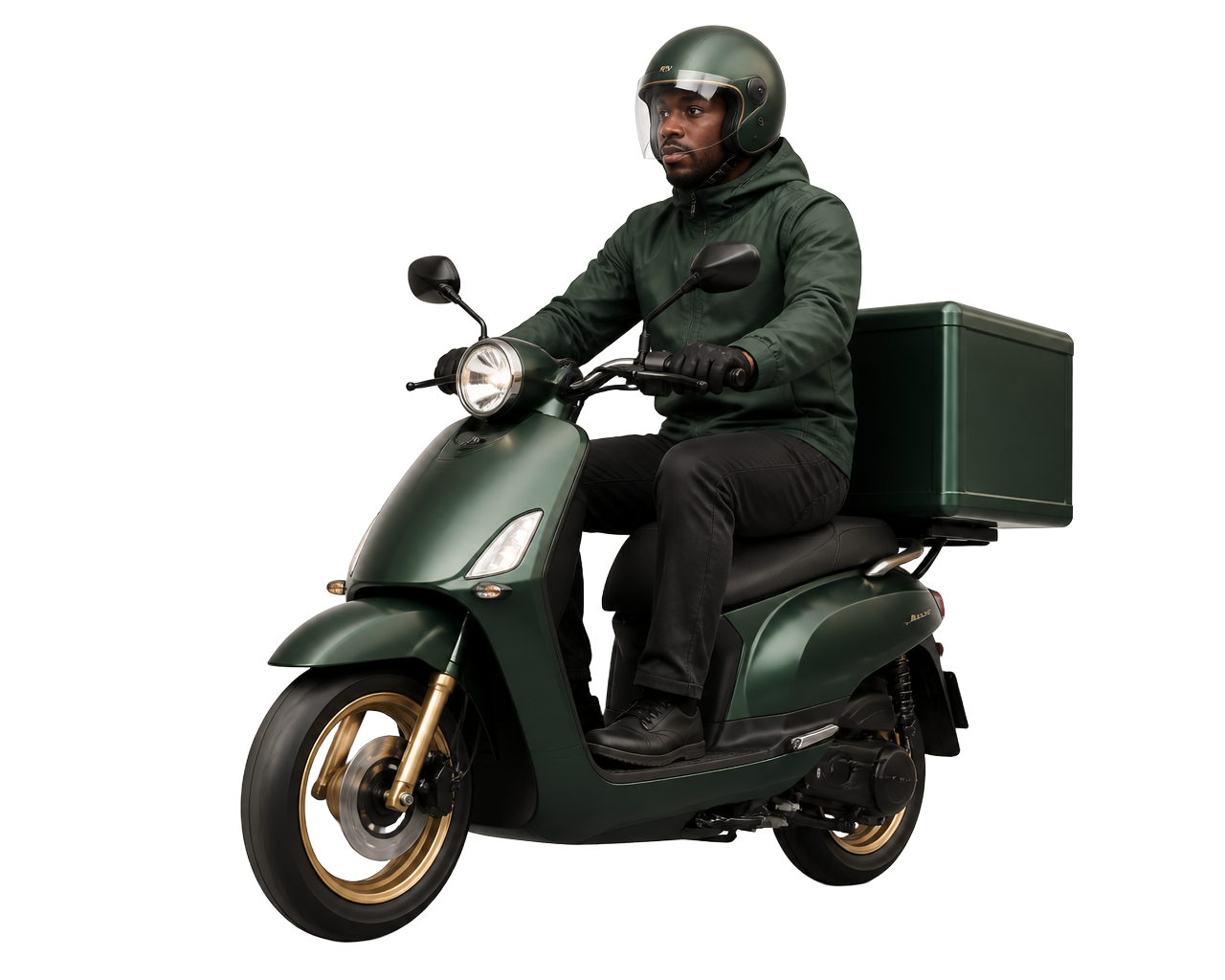 Livreur BEMA BOOST sur son scooter, illustration 3D